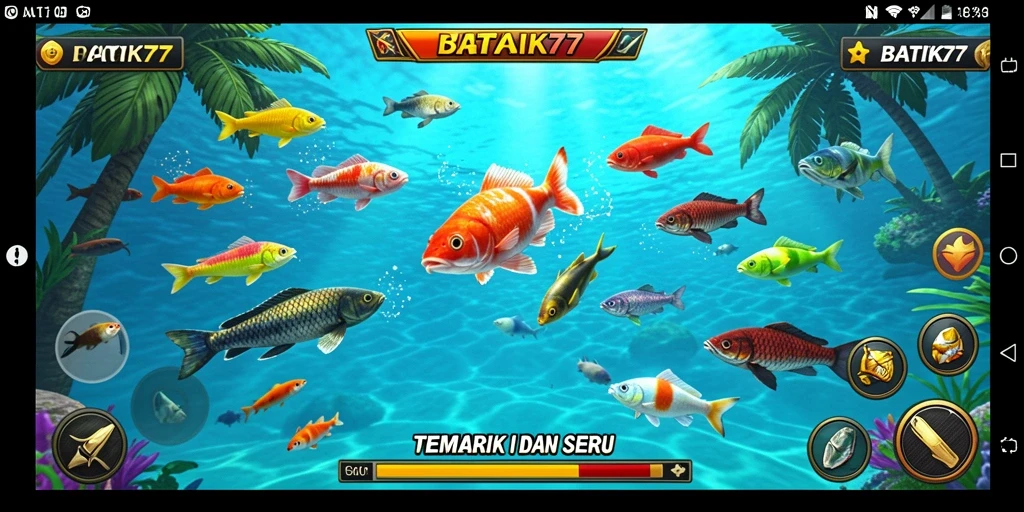 Tampilan gameplay seru dari BATIK77 dengan berbagai ikan dan senjata.