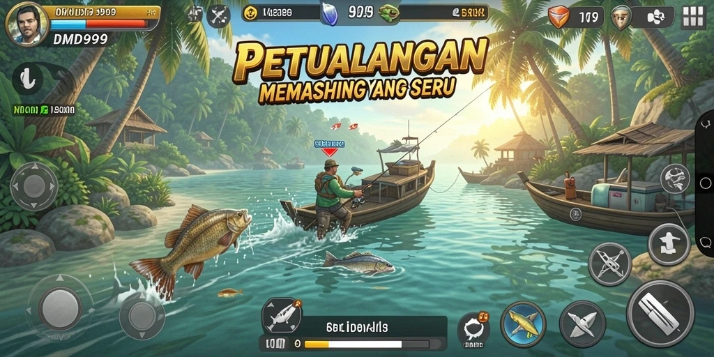 Screenshot gameplay DMD999 menampilkan pengalaman memancing yang menarik.