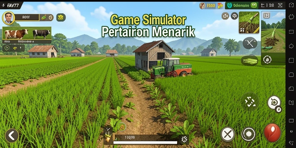 Tangkapan layar utama FAV77 menampilkan aktivitas seru bertani.