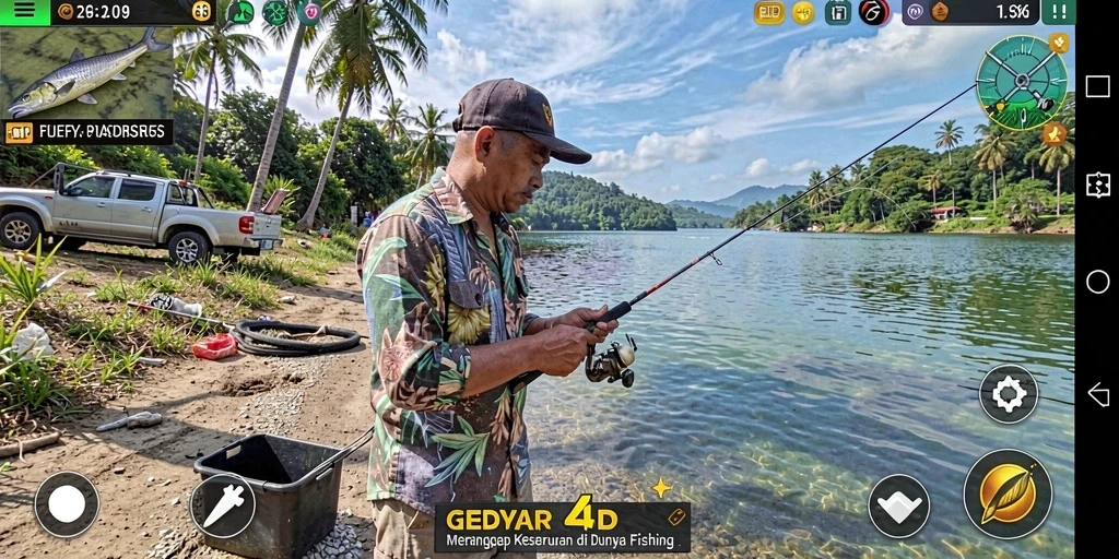 Tampak gameplay GEBYAR4D dengan aktivitas memancing yang menarik.