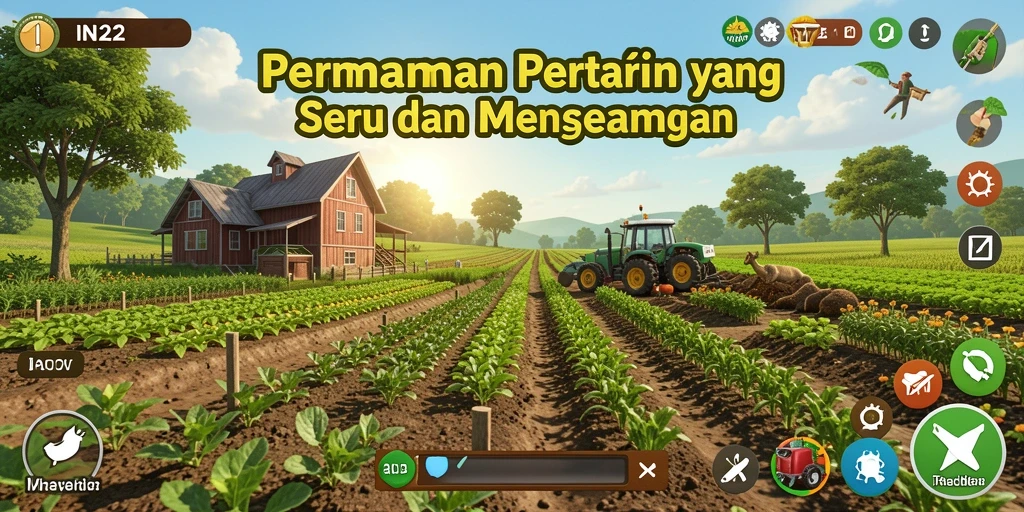 Tampilan gameplay IN22 menunjukkan kebun yang subur dan hewan ternak yang riang.