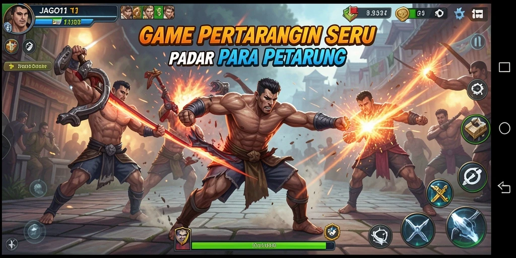 Screenshot gameplay JAGO11 menampilkan pertarungan yang intens dan karakter beragam.