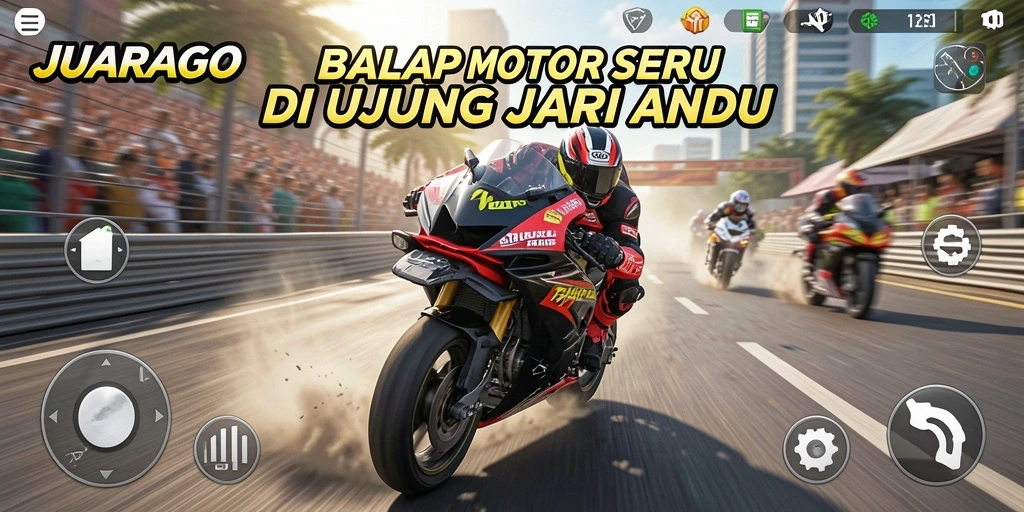 Gameplay JUARAGO yang mendebarkan dalam perlombaan motor.