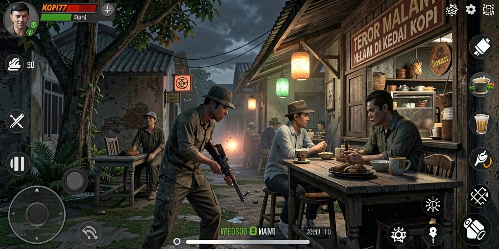 Tangkapan layar dari gameplay KOPI77 menampilkan suasana Horror yang mencekam.