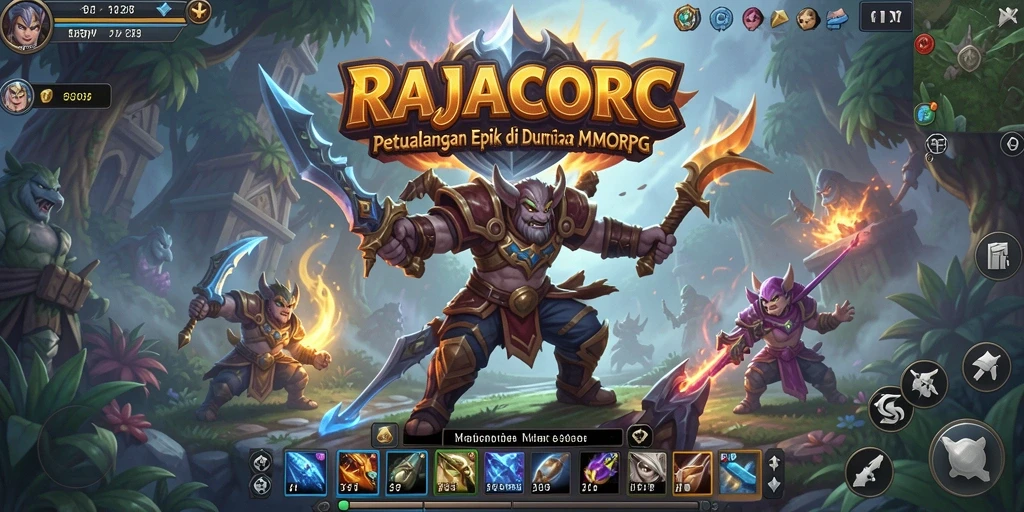 Screenshot gameplay RAJACORC menunjukkan pertarungan epik dan grafis menakjubkan.